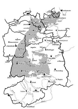 Karte der mittelalterlichen Diözesen am Oberrhein, grau die im 19. Jahrhundert enstandene Erzdiözese Freiburg